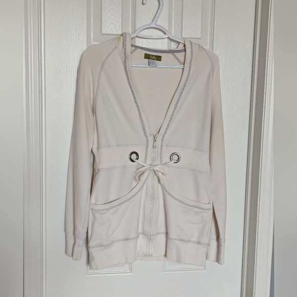 Women's (Size M) Long Off-White Zip-Up Hoodie/Jacket With Grey Trim & Drawstring - Picture 4 of 16